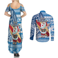 Hawaii Mele Kalikimaka Couples Matching Summer Maxi Dress and Long Sleeve Button Shirt Santa Claus Surfing with Hawaiian Pattern Striped Blue Style LT03 - Polynesian Pride