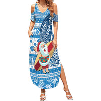 Hawaii Mele Kalikimaka Summer Maxi Dress Santa Claus Surfing with Hawaiian Pattern Striped Blue Style LT03 Women Blue - Polynesian Pride
