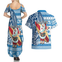 Custom Hawaii Mele Kalikimaka Couples Matching Summer Maxi Dress and Hawaiian Shirt Santa Claus Surfing with Hawaiian Pattern Striped Blue Style LT03 - Polynesian Pride