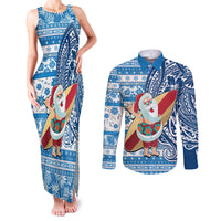 Custom Hawaii Mele Kalikimaka Couples Matching Tank Maxi Dress and Long Sleeve Button Shirt Santa Claus Surfing with Hawaiian Pattern Striped Blue Style LT03 Blue - Polynesian Pride