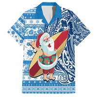 Custom Hawaii Mele Kalikimaka Family Matching Long Sleeve Bodycon Dress and Hawaiian Shirt Santa Claus Surfing with Hawaiian Pattern Striped Blue Style LT03 Dad's Shirt - Short Sleeve Blue - Polynesian Pride