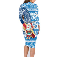 Custom Hawaii Mele Kalikimaka Family Matching Long Sleeve Bodycon Dress and Hawaiian Shirt Santa Claus Surfing with Hawaiian Pattern Striped Blue Style LT03 - Polynesian Pride