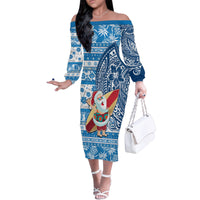 Custom Hawaii Mele Kalikimaka Family Matching Off Shoulder Long Sleeve Dress and Hawaiian Shirt Santa Claus Surfing with Hawaiian Pattern Striped Blue Style LT03 Mom's Dress Blue - Polynesian Pride