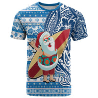 Custom Hawaii Mele Kalikimaka T Shirt Santa Claus Surfing with Hawaiian Pattern Striped Blue Style LT03 Blue - Polynesian Pride