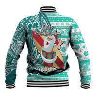Hawaii Mele Kalikimaka Baseball Jacket Santa Claus Surfing with Hawaiian Pattern Striped Turquoise Style LT03 - Polynesian Pride