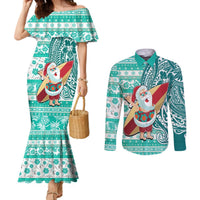 Hawaii Mele Kalikimaka Couples Matching Mermaid Dress and Long Sleeve Button Shirt Santa Claus Surfing with Hawaiian Pattern Striped Turquoise Style LT03 Turquoise - Polynesian Pride