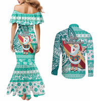 Hawaii Mele Kalikimaka Couples Matching Mermaid Dress and Long Sleeve Button Shirt Santa Claus Surfing with Hawaiian Pattern Striped Turquoise Style LT03 - Polynesian Pride