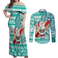 Hawaii Mele Kalikimaka Couples Matching Off Shoulder Maxi Dress and Long Sleeve Button Shirt Santa Claus Surfing with Hawaiian Pattern Striped Turquoise Style LT03 Turquoise - Polynesian Pride