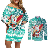 Hawaii Mele Kalikimaka Couples Matching Off Shoulder Short Dress and Long Sleeve Button Shirt Santa Claus Surfing with Hawaiian Pattern Striped Turquoise Style LT03 Turquoise - Polynesian Pride