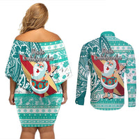 Hawaii Mele Kalikimaka Couples Matching Off Shoulder Short Dress and Long Sleeve Button Shirt Santa Claus Surfing with Hawaiian Pattern Striped Turquoise Style LT03 - Polynesian Pride