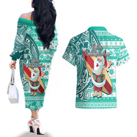 Hawaii Mele Kalikimaka Couples Matching Off The Shoulder Long Sleeve Dress and Hawaiian Shirt Santa Claus Surfing with Hawaiian Pattern Striped Turquoise Style LT03 - Polynesian Pride