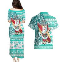 Hawaii Mele Kalikimaka Couples Matching Puletasi Dress and Hawaiian Shirt Santa Claus Surfing with Hawaiian Pattern Striped Turquoise Style LT03 - Polynesian Pride