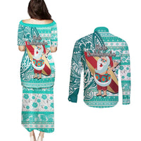 Hawaii Mele Kalikimaka Couples Matching Puletasi Dress and Long Sleeve Button Shirt Santa Claus Surfing with Hawaiian Pattern Striped Turquoise Style LT03 - Polynesian Pride