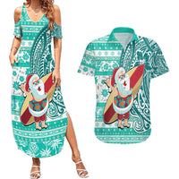 Hawaii Mele Kalikimaka Couples Matching Summer Maxi Dress and Hawaiian Shirt Santa Claus Surfing with Hawaiian Pattern Striped Turquoise Style LT03 Turquoise - Polynesian Pride