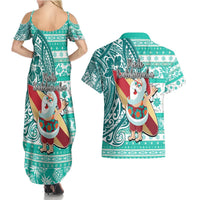 Hawaii Mele Kalikimaka Couples Matching Summer Maxi Dress and Hawaiian Shirt Santa Claus Surfing with Hawaiian Pattern Striped Turquoise Style LT03 - Polynesian Pride