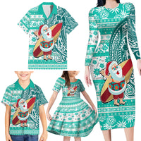 Hawaii Mele Kalikimaka Family Matching Long Sleeve Bodycon Dress and Hawaiian Shirt Santa Claus Surfing with Hawaiian Pattern Striped Turquoise Style LT03 - Polynesian Pride