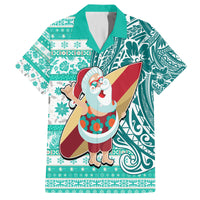 Hawaii Mele Kalikimaka Family Matching Off Shoulder Short Dress and Hawaiian Shirt Santa Claus Surfing with Hawaiian Pattern Striped Turquoise Style LT03 Dad's Shirt - Short Sleeve Turquoise - Polynesian Pride