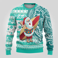 Hawaii Mele Kalikimaka Ugly Christmas Sweater Santa Claus Surfing with Hawaiian Pattern Striped Turquoise Style LT03 - Polynesian Pride