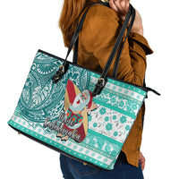 Hawaii Mele Kalikimaka Leather Tote Bag Santa Claus Surfing with Hawaiian Pattern Striped Turquoise Style LT03 - Polynesian Pride