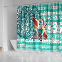 Hawaii Mele Kalikimaka Shower Curtain Santa Claus Surfing with Hawaiian Pattern Striped Turquoise Style LT03 - Polynesian Pride