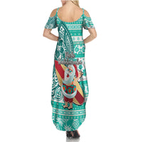 Hawaii Mele Kalikimaka Summer Maxi Dress Santa Claus Surfing with Hawaiian Pattern Striped Turquoise Style LT03 - Polynesian Pride