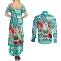 Custom Hawaii Mele Kalikimaka Couples Matching Summer Maxi Dress and Long Sleeve Button Shirt Santa Claus Surfing with Hawaiian Pattern Striped Turquoise Style LT03 - Polynesian Pride