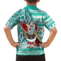 Custom Hawaii Mele Kalikimaka Family Matching Long Sleeve Bodycon Dress and Hawaiian Shirt Santa Claus Surfing with Hawaiian Pattern Striped Turquoise Style LT03 - Polynesian Pride