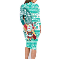 Custom Hawaii Mele Kalikimaka Family Matching Long Sleeve Bodycon Dress and Hawaiian Shirt Santa Claus Surfing with Hawaiian Pattern Striped Turquoise Style LT03 - Polynesian Pride