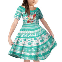 Custom Hawaii Mele Kalikimaka Family Matching Mermaid Dress and Hawaiian Shirt Santa Claus Surfing with Hawaiian Pattern Striped Turquoise Style LT03 Daughter's Dress Turquoise - Polynesian Pride