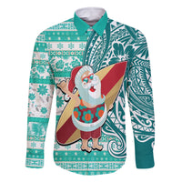 Custom Hawaii Mele Kalikimaka Family Matching Off Shoulder Short Dress and Hawaiian Shirt Santa Claus Surfing with Hawaiian Pattern Striped Turquoise Style LT03 Dad's Shirt - Long Sleeve Turquoise - Polynesian Pride