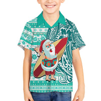 Custom Hawaii Mele Kalikimaka Family Matching Off Shoulder Short Dress and Hawaiian Shirt Santa Claus Surfing with Hawaiian Pattern Striped Turquoise Style LT03 Son's Shirt Turquoise - Polynesian Pride