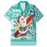 Custom Hawaii Mele Kalikimaka Family Matching Puletasi Dress and Hawaiian Shirt Santa Claus Surfing with Hawaiian Pattern Striped Turquoise Style LT03 Dad's Shirt - Short Sleeve Turquoise - Polynesian Pride