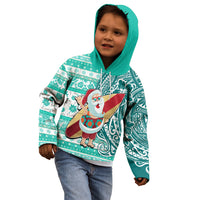 Custom Hawaii Mele Kalikimaka Kid Hoodie Santa Claus Surfing with Hawaiian Pattern Striped Turquoise Style LT03 - Polynesian Pride