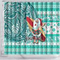 Custom Hawaii Mele Kalikimaka Shower Curtain Santa Claus Surfing with Hawaiian Pattern Striped Turquoise Style LT03 - Polynesian Pride