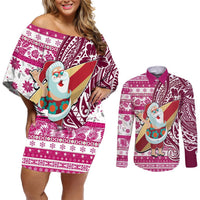 Hawaii Mele Kalikimaka Couples Matching Off Shoulder Short Dress and Long Sleeve Button Shirt Santa Claus Surfing with Hawaiian Pattern Striped Pink Style LT03 Pink - Polynesian Pride