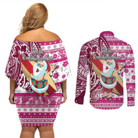 Hawaii Mele Kalikimaka Couples Matching Off Shoulder Short Dress and Long Sleeve Button Shirt Santa Claus Surfing with Hawaiian Pattern Striped Pink Style LT03 - Polynesian Pride