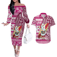 Hawaii Mele Kalikimaka Couples Matching Off The Shoulder Long Sleeve Dress and Hawaiian Shirt Santa Claus Surfing with Hawaiian Pattern Striped Pink Style LT03 Pink - Polynesian Pride