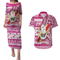 Hawaii Mele Kalikimaka Couples Matching Puletasi Dress and Hawaiian Shirt Santa Claus Surfing with Hawaiian Pattern Striped Pink Style LT03 Pink - Polynesian Pride