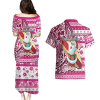 Hawaii Mele Kalikimaka Couples Matching Puletasi Dress and Hawaiian Shirt Santa Claus Surfing with Hawaiian Pattern Striped Pink Style LT03 - Polynesian Pride
