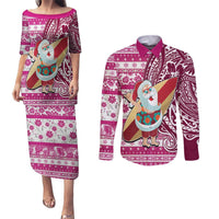 Hawaii Mele Kalikimaka Couples Matching Puletasi Dress and Long Sleeve Button Shirt Santa Claus Surfing with Hawaiian Pattern Striped Pink Style LT03 Pink - Polynesian Pride