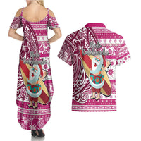 Hawaii Mele Kalikimaka Couples Matching Summer Maxi Dress and Hawaiian Shirt Santa Claus Surfing with Hawaiian Pattern Striped Pink Style LT03 - Polynesian Pride