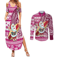 Hawaii Mele Kalikimaka Couples Matching Summer Maxi Dress and Long Sleeve Button Shirt Santa Claus Surfing with Hawaiian Pattern Striped Pink Style LT03 Pink - Polynesian Pride
