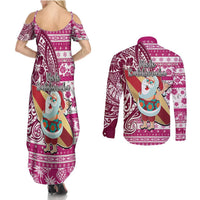 Hawaii Mele Kalikimaka Couples Matching Summer Maxi Dress and Long Sleeve Button Shirt Santa Claus Surfing with Hawaiian Pattern Striped Pink Style LT03 - Polynesian Pride