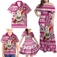Hawaii Mele Kalikimaka Family Matching Off Shoulder Maxi Dress and Hawaiian Shirt Santa Claus Surfing with Hawaiian Pattern Striped Pink Style LT03 - Polynesian Pride