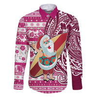 Hawaii Mele Kalikimaka Family Matching Off Shoulder Short Dress and Hawaiian Shirt Santa Claus Surfing with Hawaiian Pattern Striped Pink Style LT03 Dad's Shirt - Long Sleeve Pink - Polynesian Pride