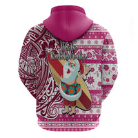 Hawaii Mele Kalikimaka Hoodie Santa Claus Surfing with Hawaiian Pattern Striped Pink Style LT03 - Polynesian Pride