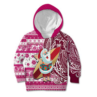 Hawaii Mele Kalikimaka Kid Hoodie Santa Claus Surfing with Hawaiian Pattern Striped Pink Style LT03 Pink - Polynesian Pride