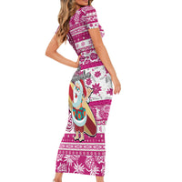 Hawaii Mele Kalikimaka Short Sleeve Bodycon Dress Santa Claus Surfing with Hawaiian Pattern Striped Pink Style LT03 - Polynesian Pride