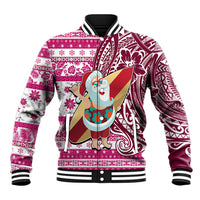 Custom Hawaii Mele Kalikimaka Baseball Jacket Santa Claus Surfing with Hawaiian Pattern Striped Pink Style LT03 Unisex Pink - Polynesian Pride