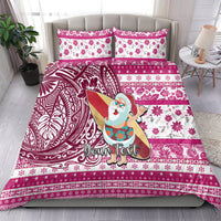 Custom Hawaii Mele Kalikimaka Bedding Set Santa Claus Surfing with Hawaiian Pattern Striped Pink Style LT03 - Polynesian Pride